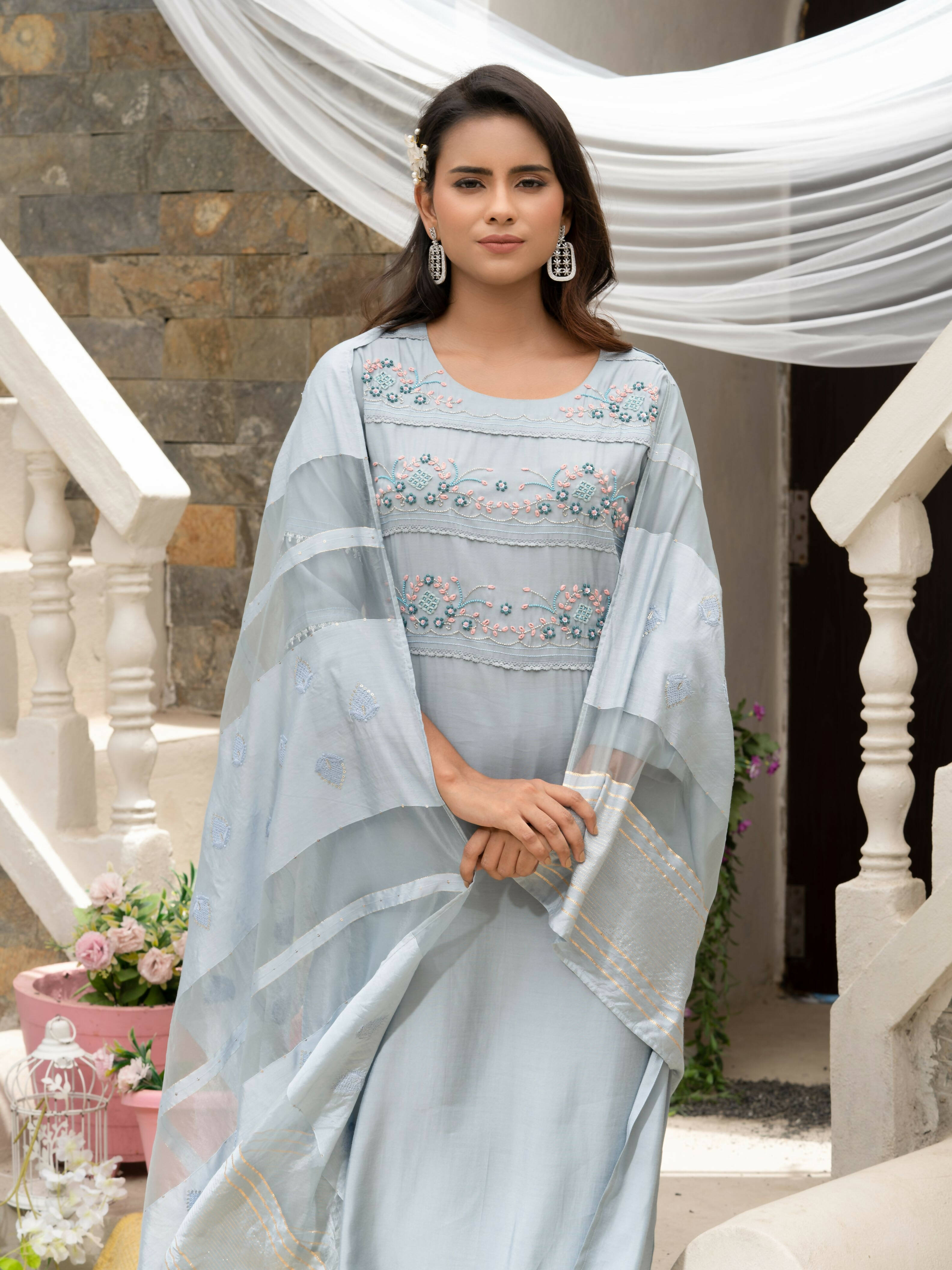 Light Blue Roman Silk Plain Kurta with Pant & Dupatta - Disha - Distacart