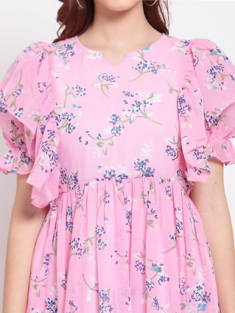 Myshka Women's Pink Printed Georgette Half Sleeve Round Neck Casual Dress