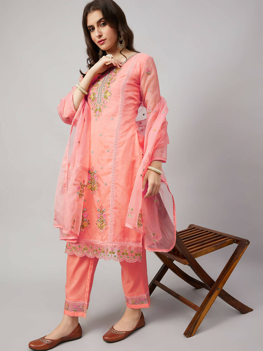 Peach Organza Embroidered Kurta with Bottom & Dupatta - Salimar - Distacart