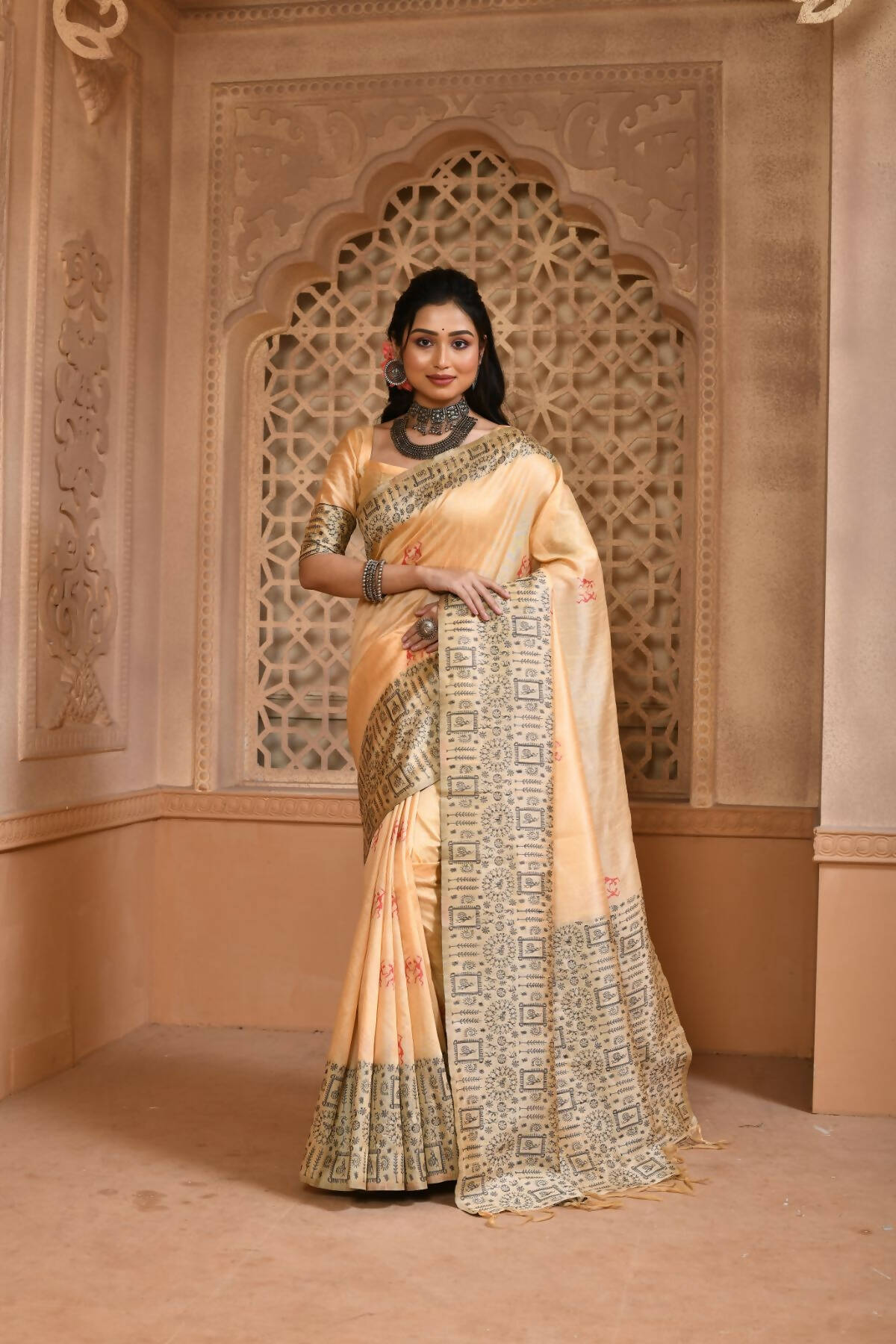 Vishnu Weaves Women's Cream Handloom Raw Silk Woven Border Saree with Unstitched Blouse - Distacart