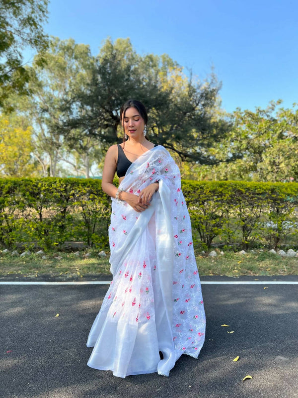 Vastrasky White Organza Saree - Distacart
