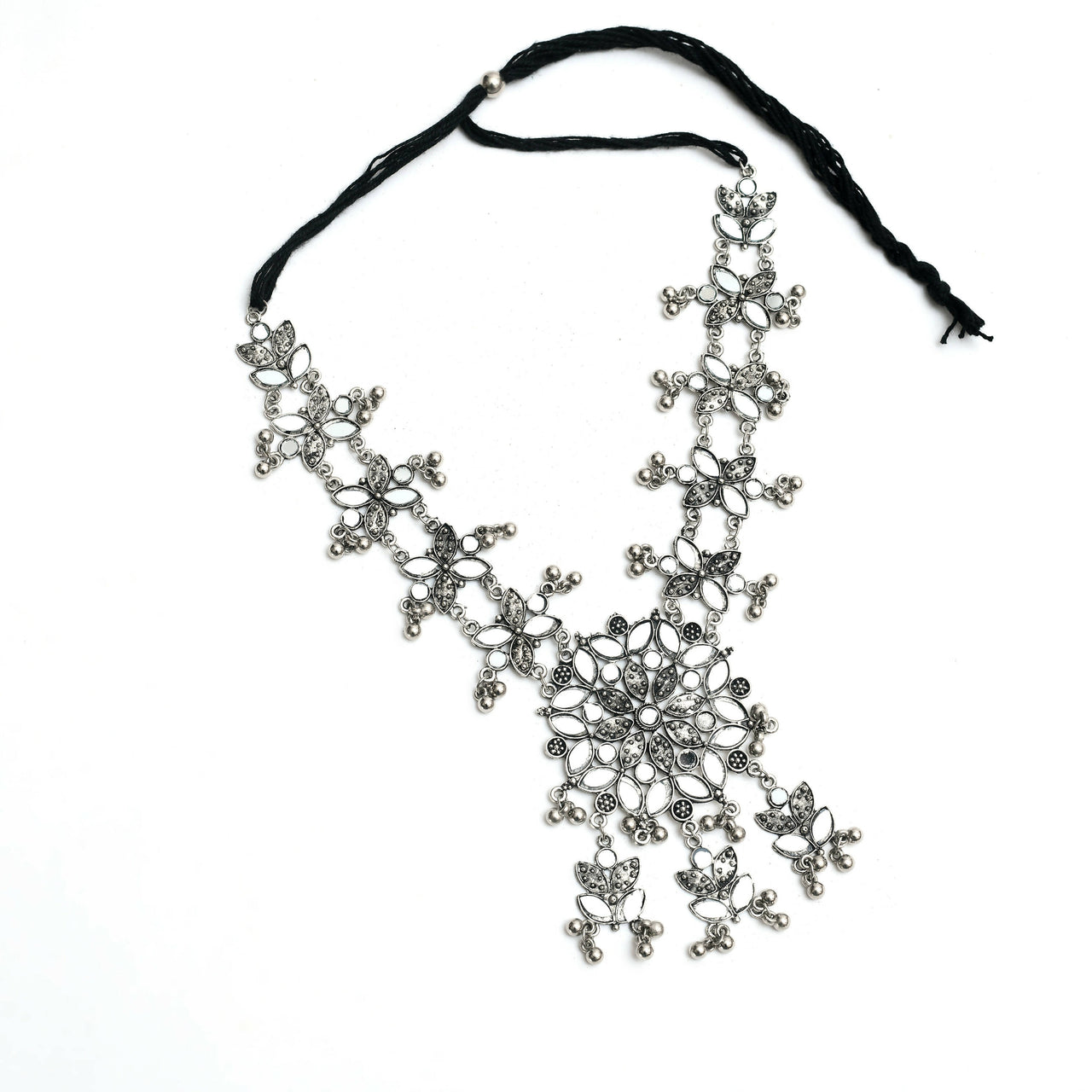 Mominos Fashion Johar Kamal Oxidised Silver-Plated Mirror Work Long Necklace Set - Distacart
