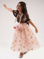 Thumbnail for Lil Drama Paris Nights Girls Peach Sequin Choli Printed Lehanga - Distacart