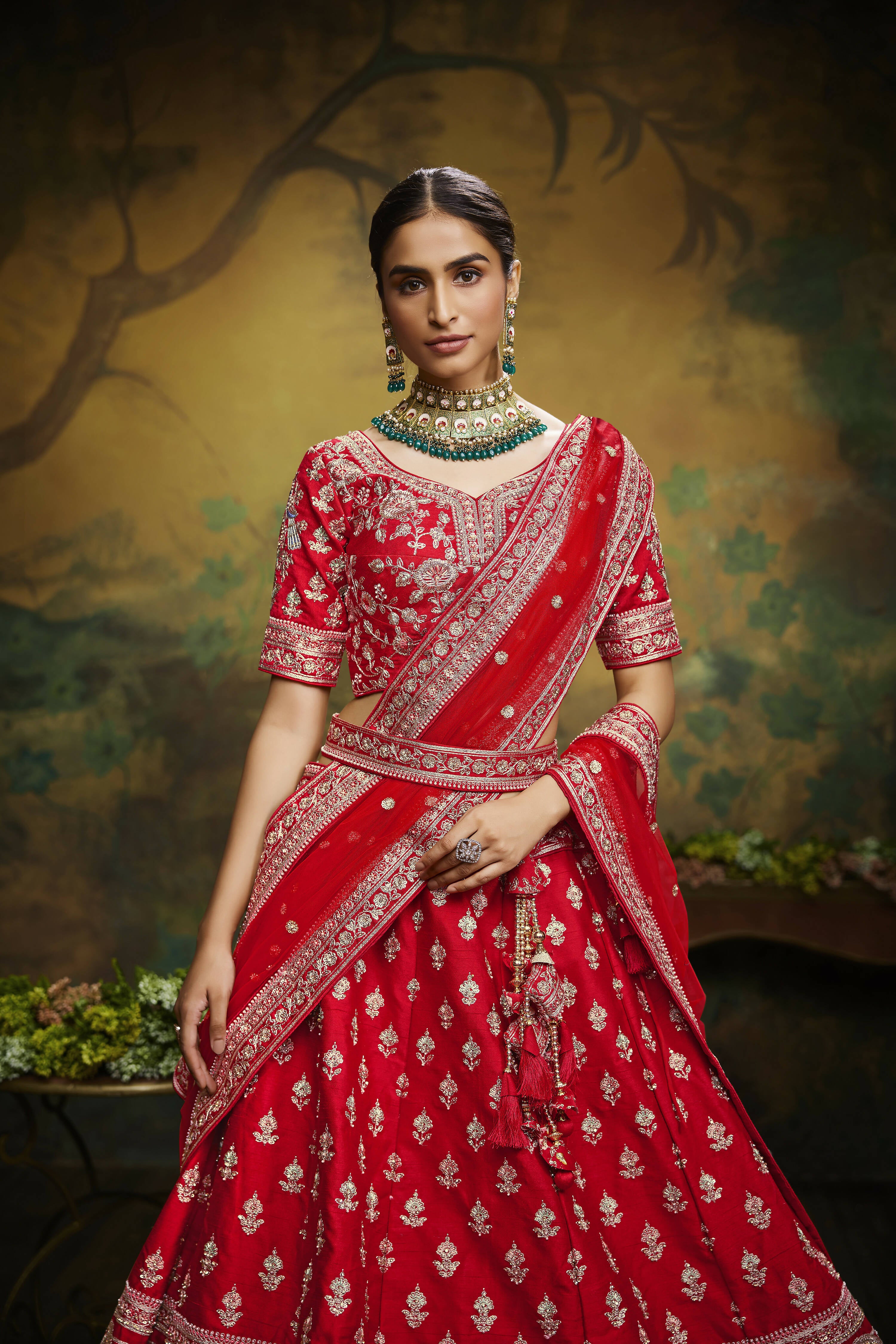 House of Panchhi Red Pure Silk Moti & Zarkan heavy embroidery Lehenga choli & Dupatta - Distacart