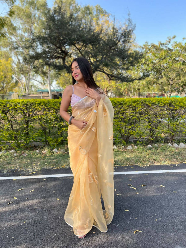 Vastrasky Yellow Organza Saree - Distacart