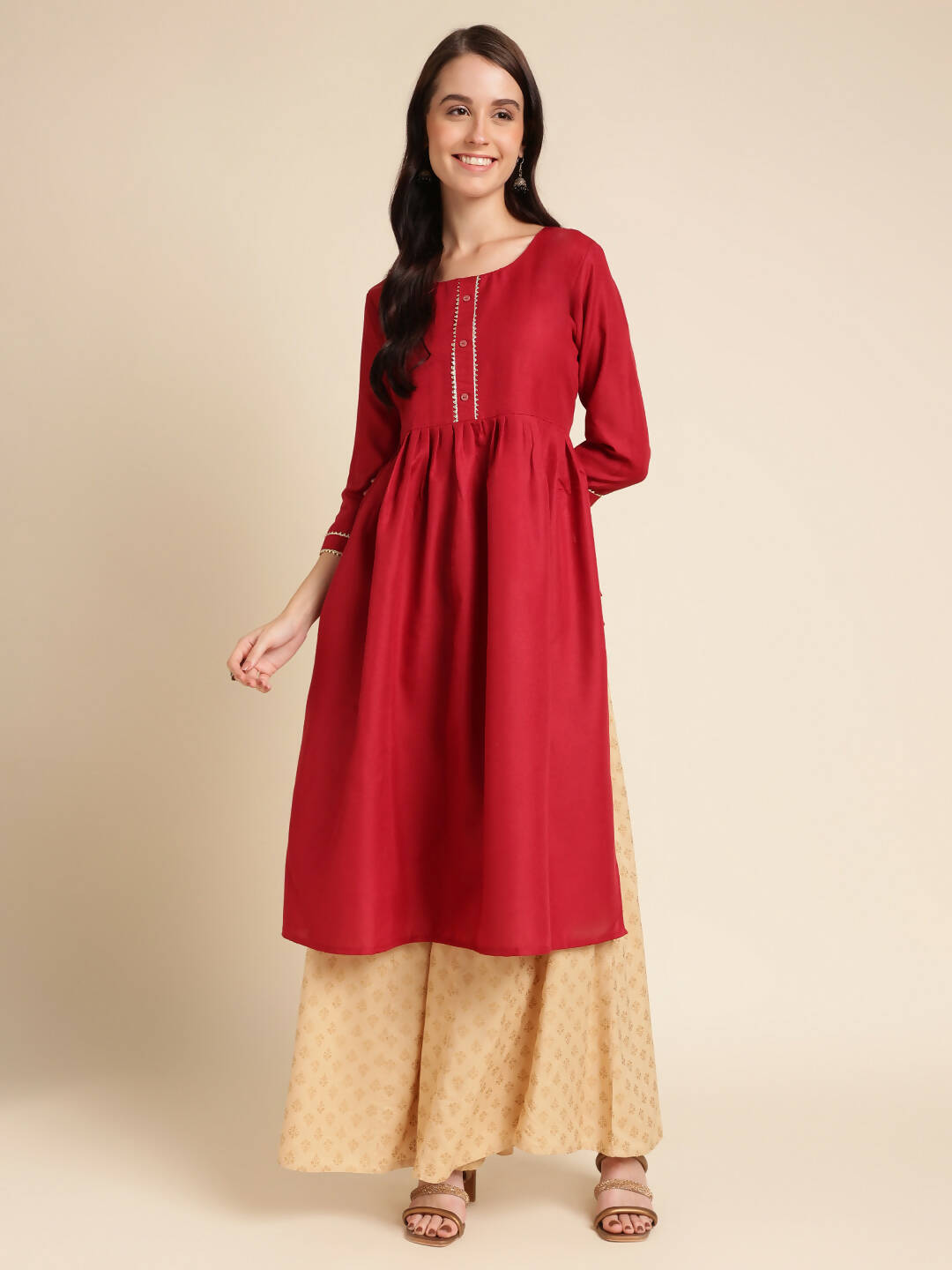 Red Poly Cotton Solid Nayra Cut Kurta - Tirtha - Distacart