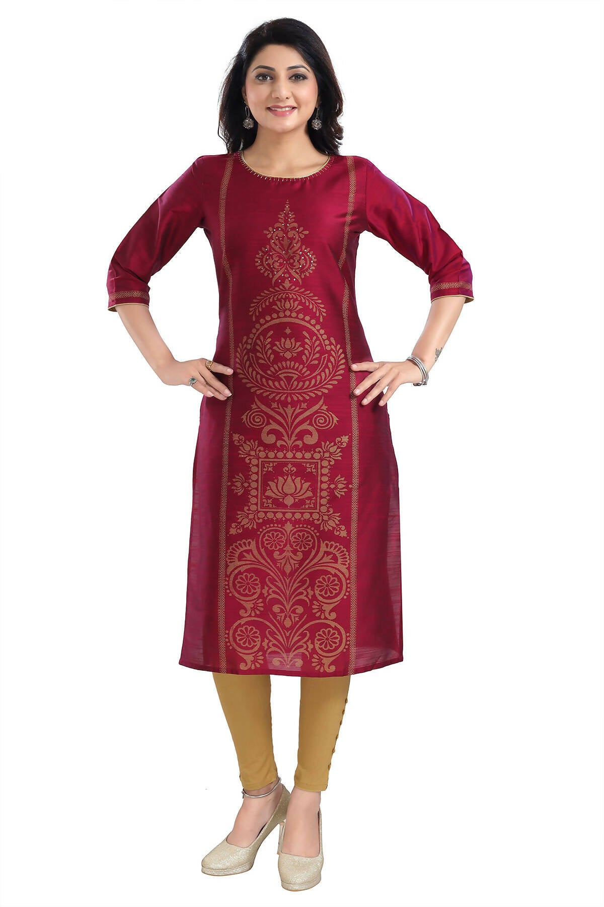 Snehal Creations Majenta Raw Silk Block Print Long Kurta For Women - Distacart
