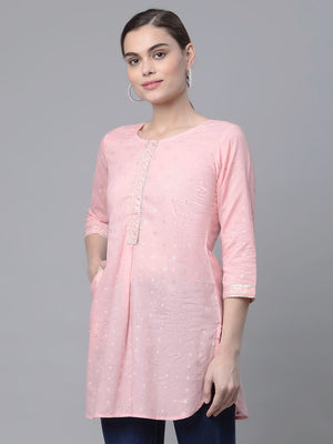 Ahalyaa Women Baby Pink Beautiful Pure Cotton Printed Tunic - Distacart