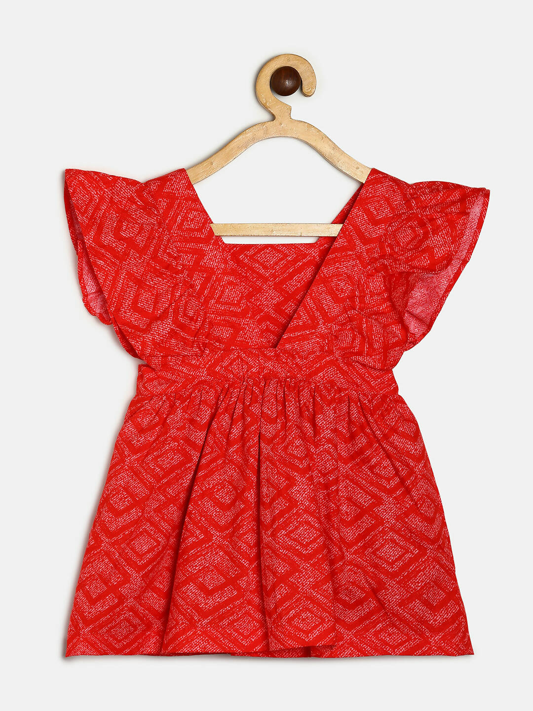 Manet Girls Cotton V Neck Frill Frock Printed - Red - Distacart