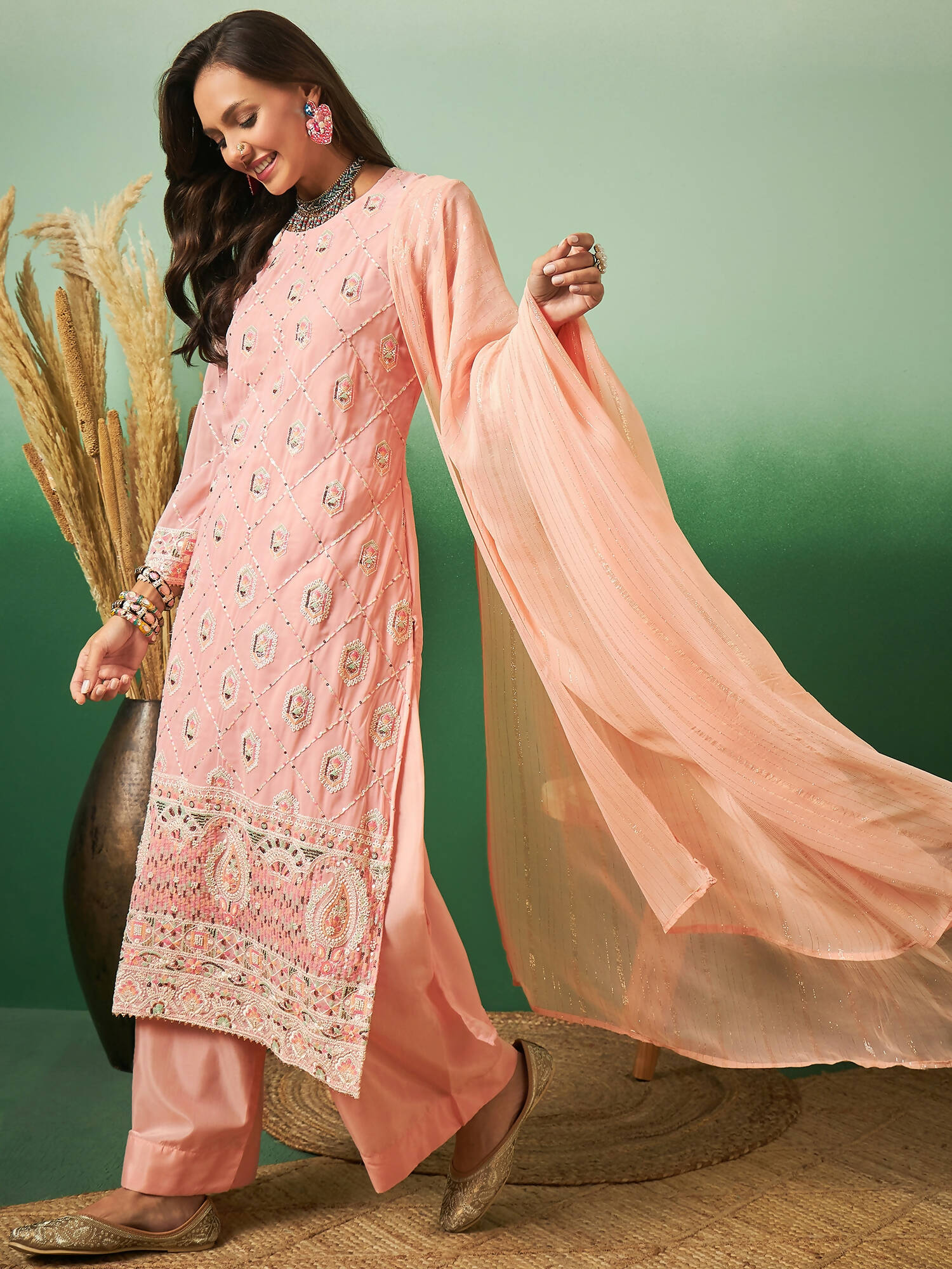 Peach Georgette Handwork Unstitched Dress Material - Hanika - Distacart