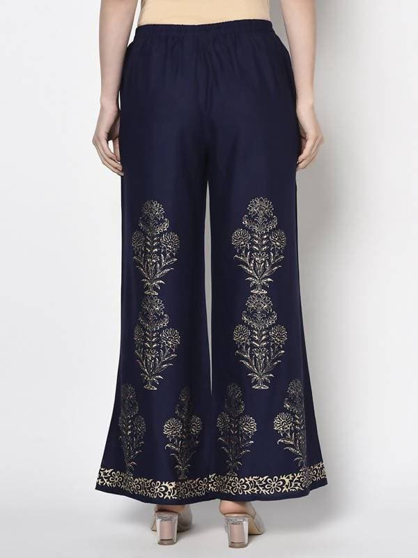 Aniyah Rayon Navy Blue Color Gold Print Flared Slip-On Palazzo (AN-193K)