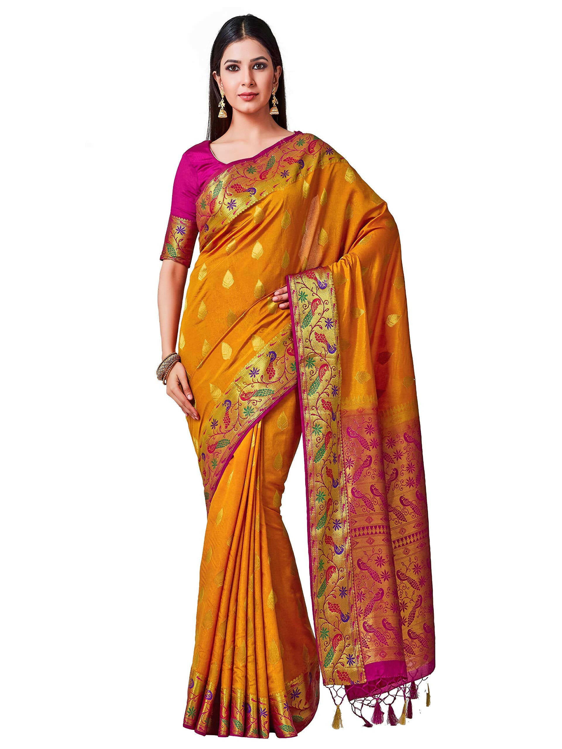 Mimosa Women's Paithani Art Silk Mustard Yellow Saree - Distacart