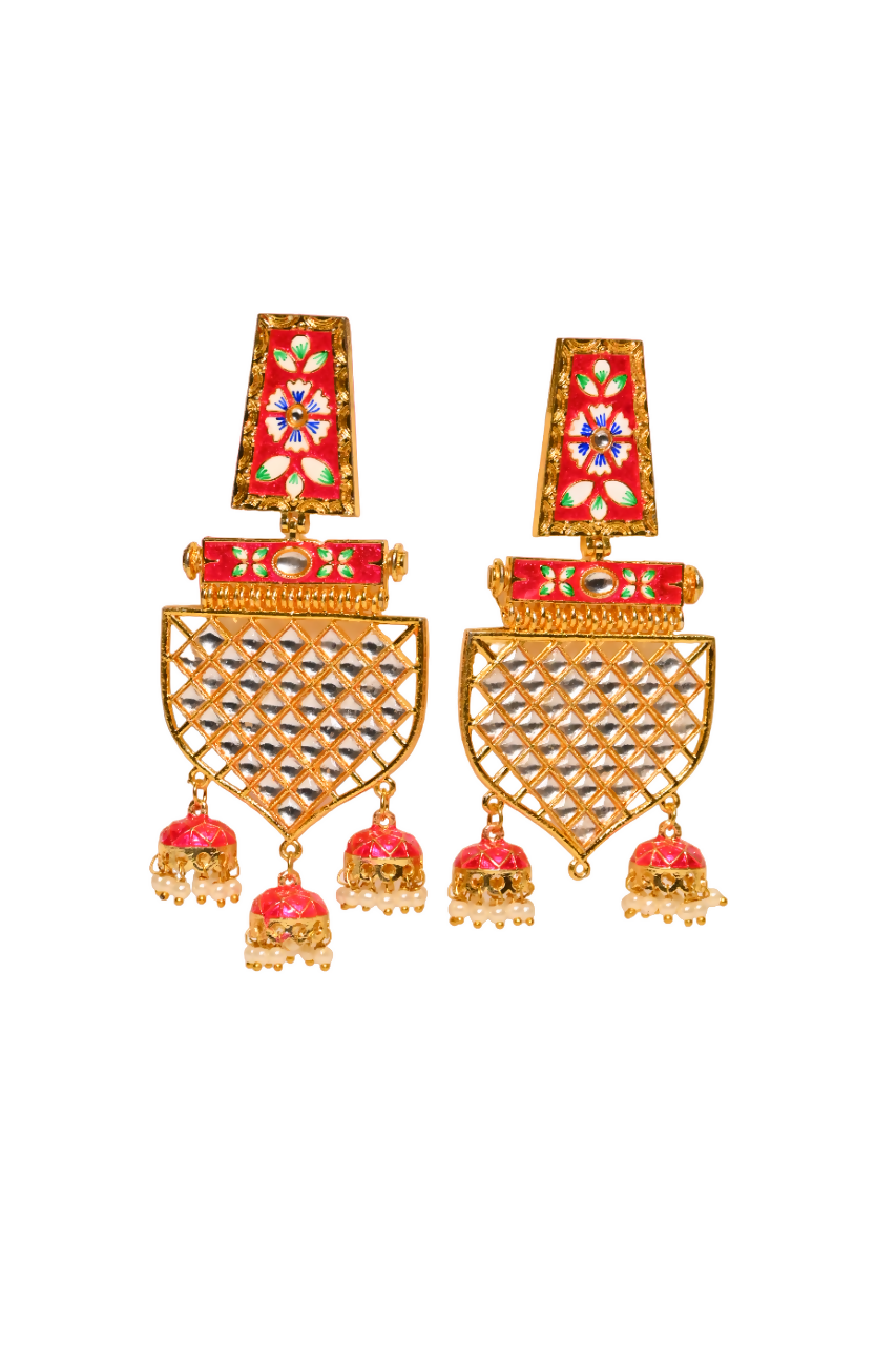 Traditional Gold-Plated Meenakari Red Jhumka Jhumki Earrings By House of Ree - Distacart