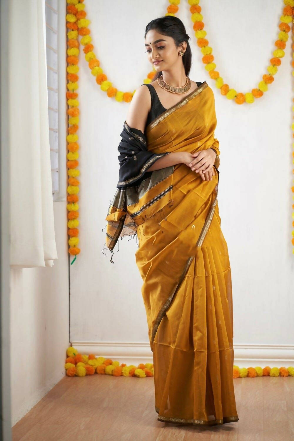 DEIANA'S Beautiful Golden Jari with New Design Soft Cotton Saree - Yellow - Distacart