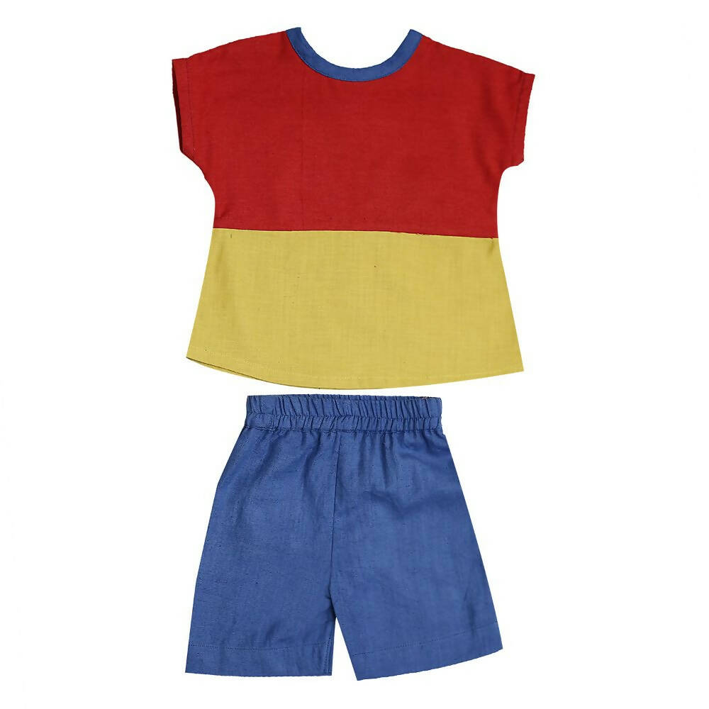 Mhyssa Morty Sleeve Red yellow T-shirt With Blue Shorts Set For Kids - Distacart