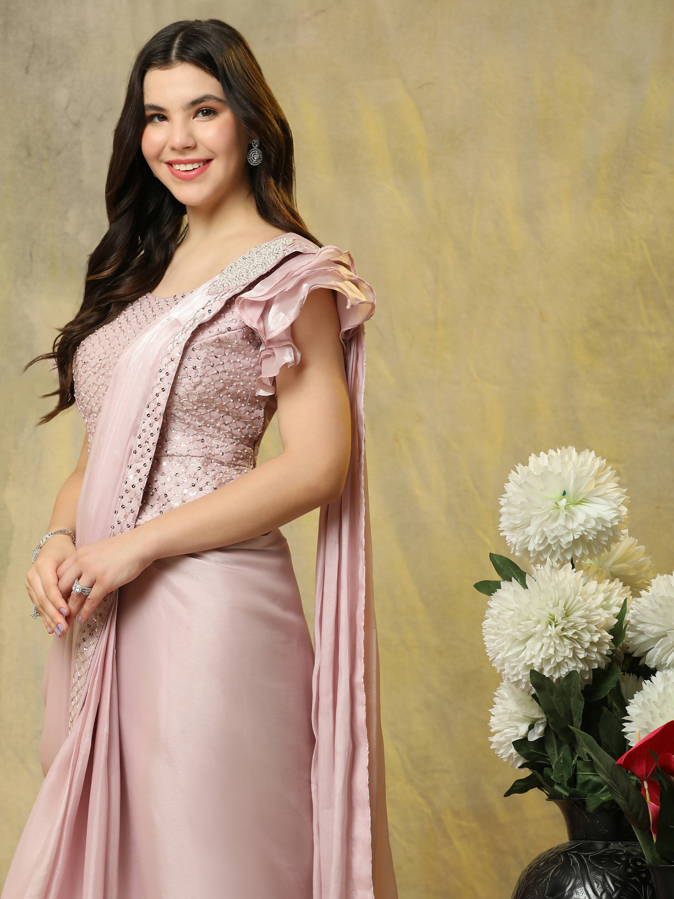 Light Pink Silk Satin Sequence Work Ready to Wear Saree with stitched Blouse - Nirvana - Distacart