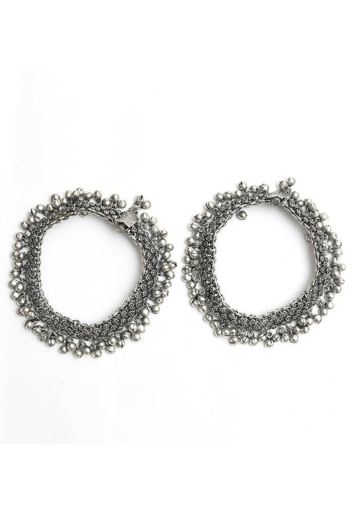 Mominos Fashion Kamal Johar Oxidised Silver Traditional Wear Anklets