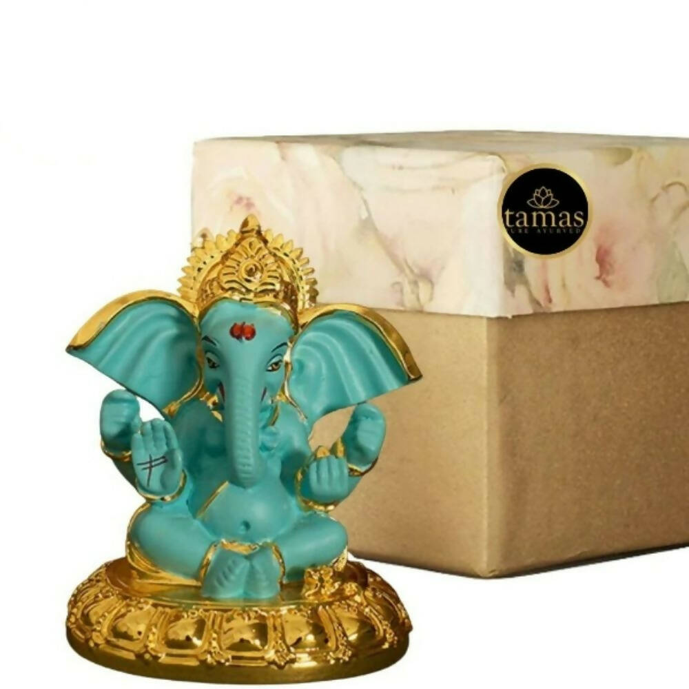 Tamas Gold Plated Gaj Karna Ganesh Idol Flora Blue & Gold Color - Distacart