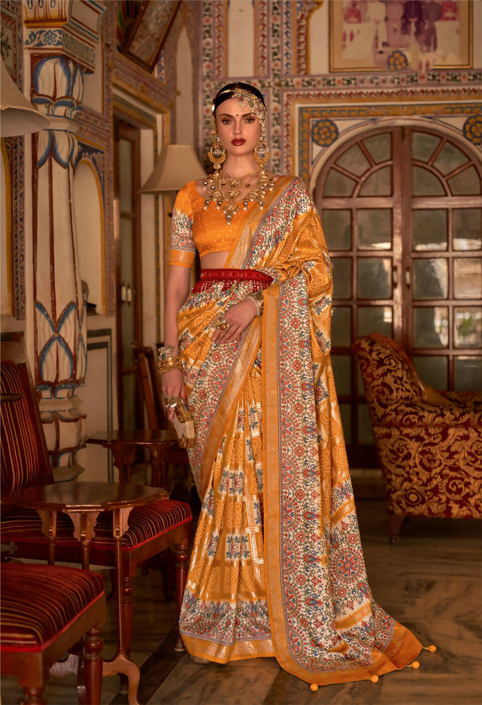 Hot Mustard P V Silk Digital Print, Zari Work Printed Saree - Rewaa Parampara - Distacart