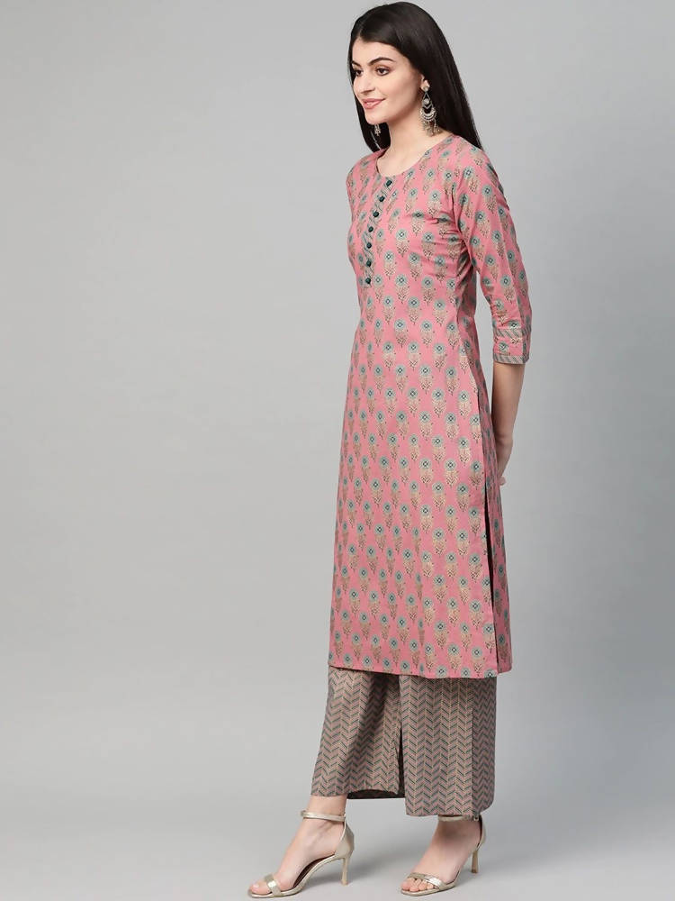 Yufta Women Pink & Blue Printed Kurta with Palazzo & Dupatta