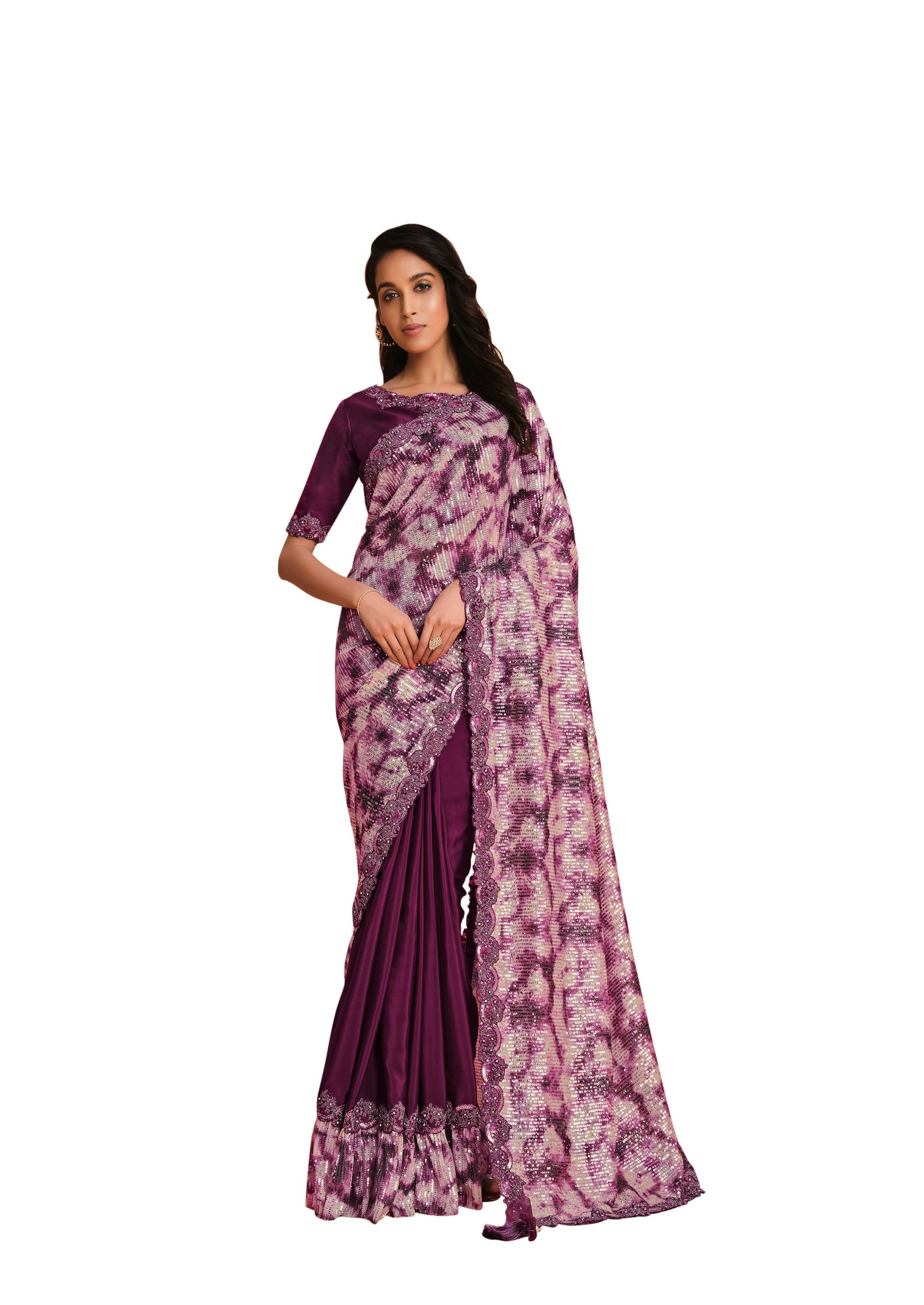 Purple Satin Crepe Silk Sequence Embroidered Saree With Unstitched Blouse - Mohmanthan Yavanika - Distacart