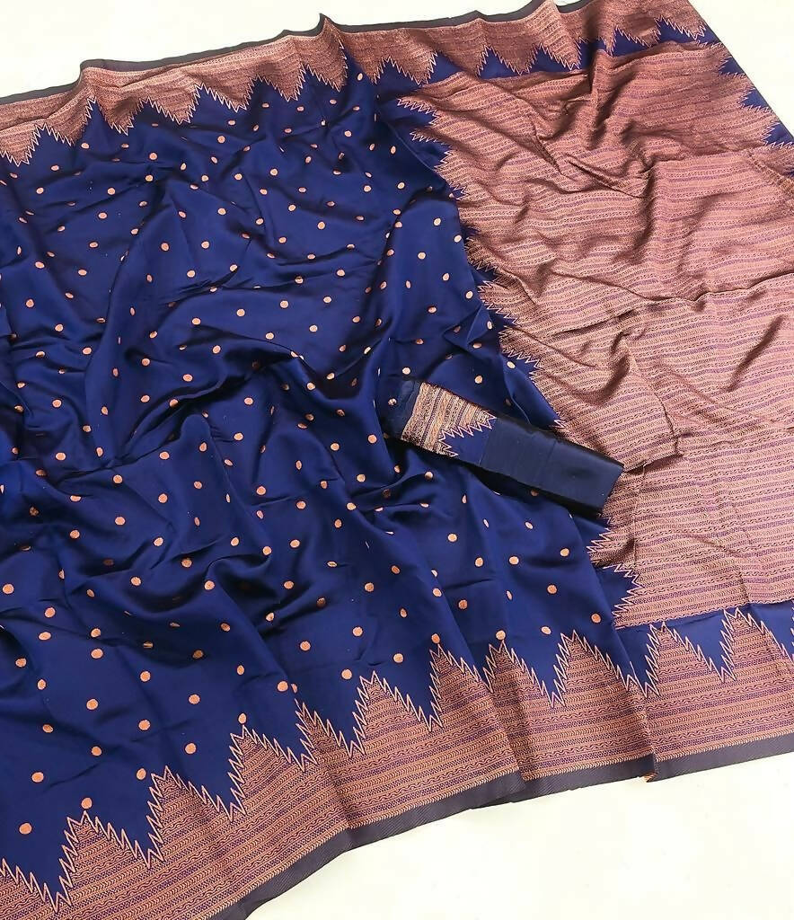 DEIANA'S Beautiful Golden Jari with New Design Soft Lichi Silk Saree - Navy Blue - Distacart