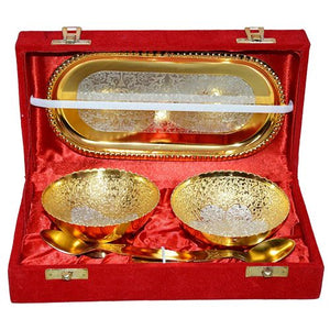 Handmade Gold Plated Brass Bowl with Tray - Set of 5 Pieces 