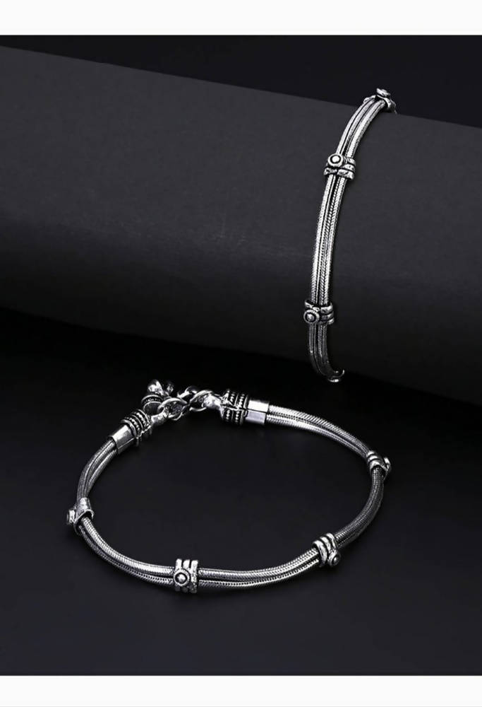 Mominos Fashion Kamal Johar Oxidised Silver Double Lined Anklets