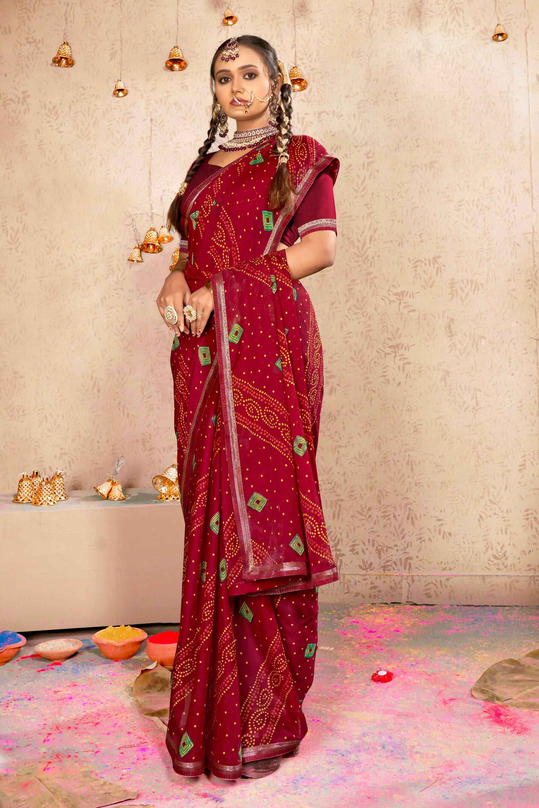 Maroon Georgette Bandhni Printed Saree With Unstitched Blouse Piece - Shanaya - Distacart