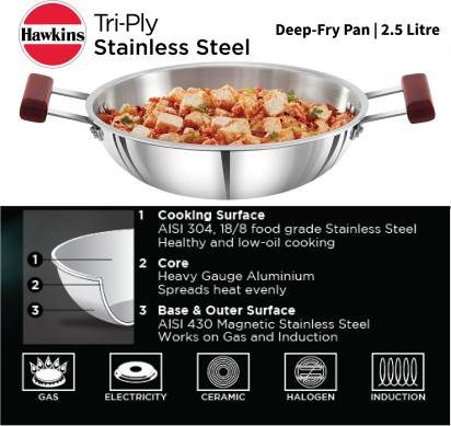 Hawkins TriPly Stainless Steel Deep Fry Pan Kadhai 26 cm Diameter 2.5 L - Distacart