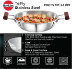 Thumbnail for Hawkins TriPly Stainless Steel Deep Fry Pan Kadhai 26 cm Diameter 2.5 L - Distacart