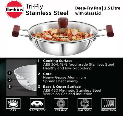 Hawkins TriPly Stainless Steel Kadhai with Glass Lid 26 cm Diameter 2.5 L (SSD25G) - Distacart