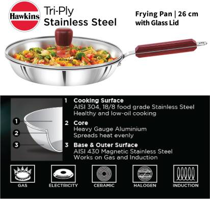 Hawkins TriPly Fry Pan 26 cm Diameter with Lid 1.8 L Capacity (SSF26G) - Distacart