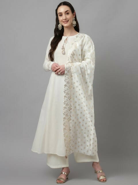 FIORRA Women's White Pure Cotton Flared Kurta Palazzo Set With Dupatta - Distacart