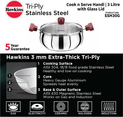 Hawkins TriPly Cook n Serve Handi with Glass Lid 22 cm Diameter 3 L (SSH30G) - Distacart