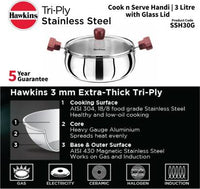 Thumbnail for Hawkins TriPly Cook n Serve Handi with Glass Lid 22 cm Diameter 3 L (SSH30G) - Distacart