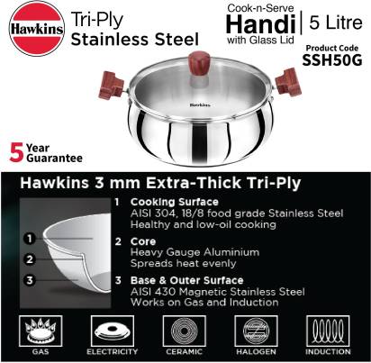 Hawkins TriPly Stainless Steel Cook n Serve Handi with Glass Lid 5 L (SSH50G) - Distacart
