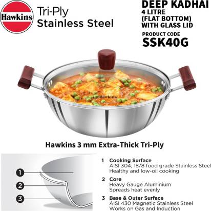 Hawkins Triply Stainless Steel Kadhai 28 cm Diameter with Lid 4 L (SSK40G) - Distacart
