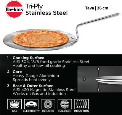 Hawkins TriPly Tawa 26 cm Diameter (Stainless Steel, Induction Bottom) - Distacart