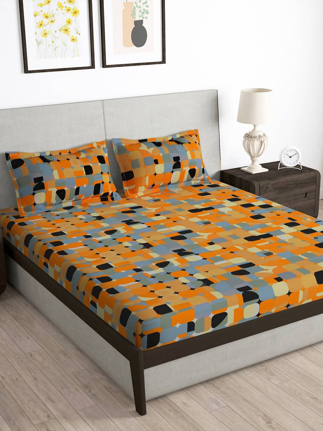 Story@home Orange & White Geometric Microfiber 180 TC Bedsheet With Pillow Cover - Distacart