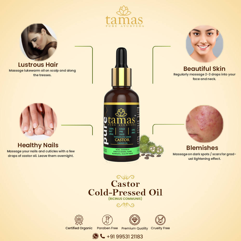 Tamas Pure Ayurveda 100% Organic Castor Cold-Pressed Oil - USDA Certified Organic-30ml - Distacart