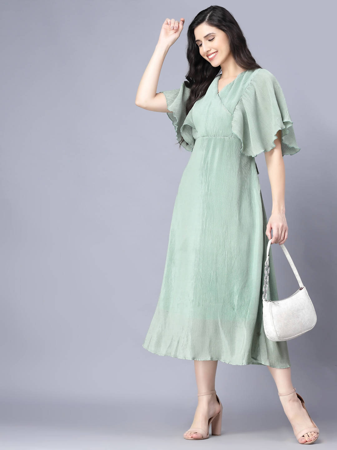 Myshka Chiffon Solid Short Sleeve V Neck Green Women Dress - Distacart