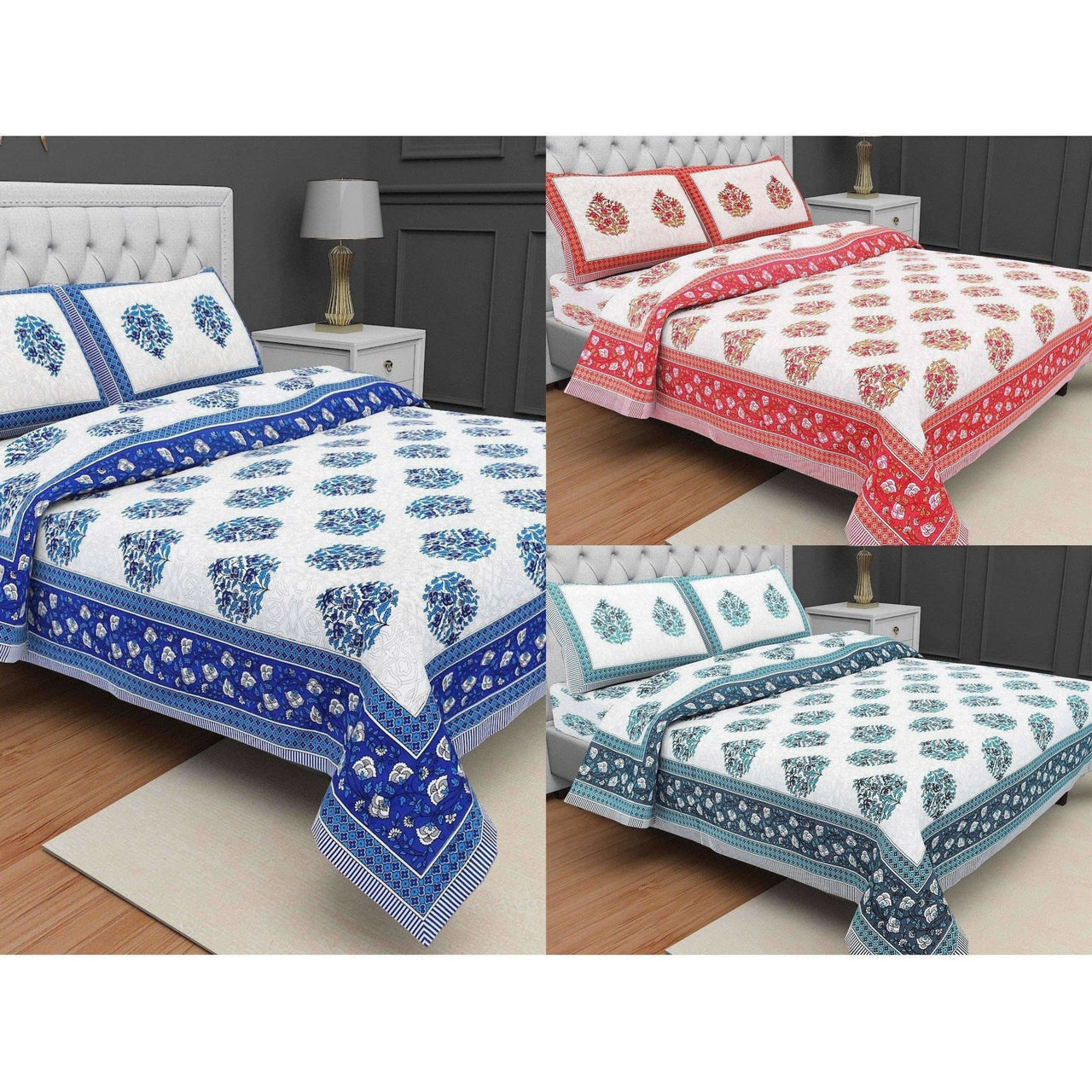 Queen Size 230x270 Cms Jaipuri Hand Block Printed Traditional 144TC Cotton Bedsheet with 2 Pillow Covers - Distacart
