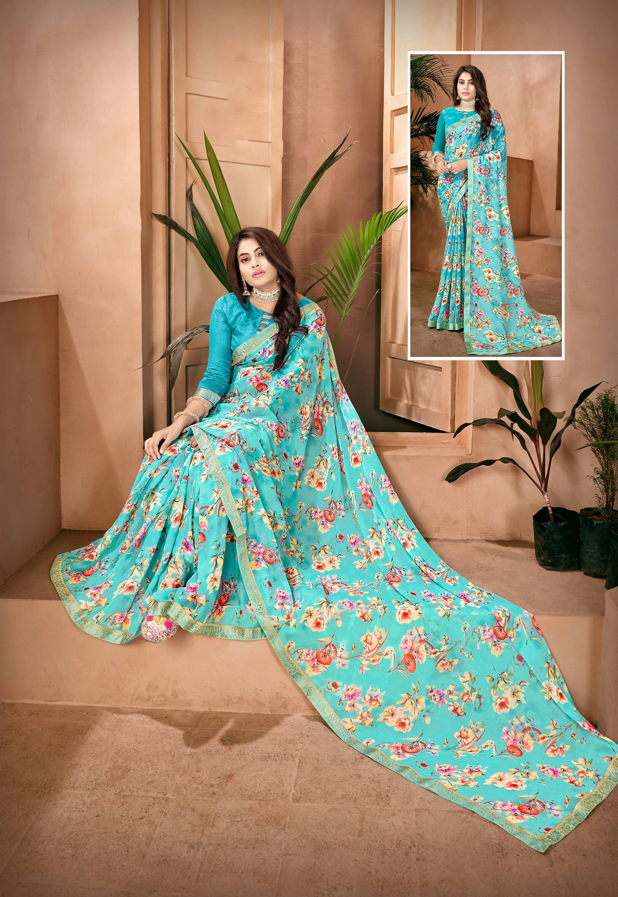 Blue Georgette Floral Printed Saree With Unstitched Blouse Piece - Jyoti - Distacart