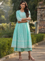 Thumbnail for Juniper Women's Aqua Cambric Floral Printed Double Layered Kalidar Dress - Distacart
