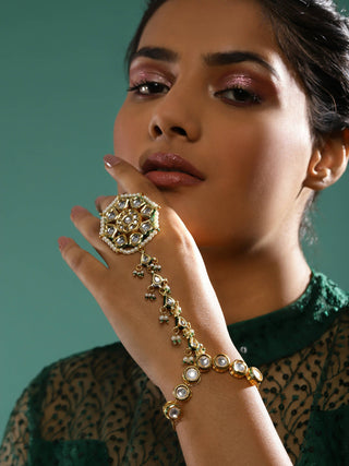 Women's Gold-Toned White Brass Kundan Gold-Plated Link Bracelet - Ruby Raang - Distacart
