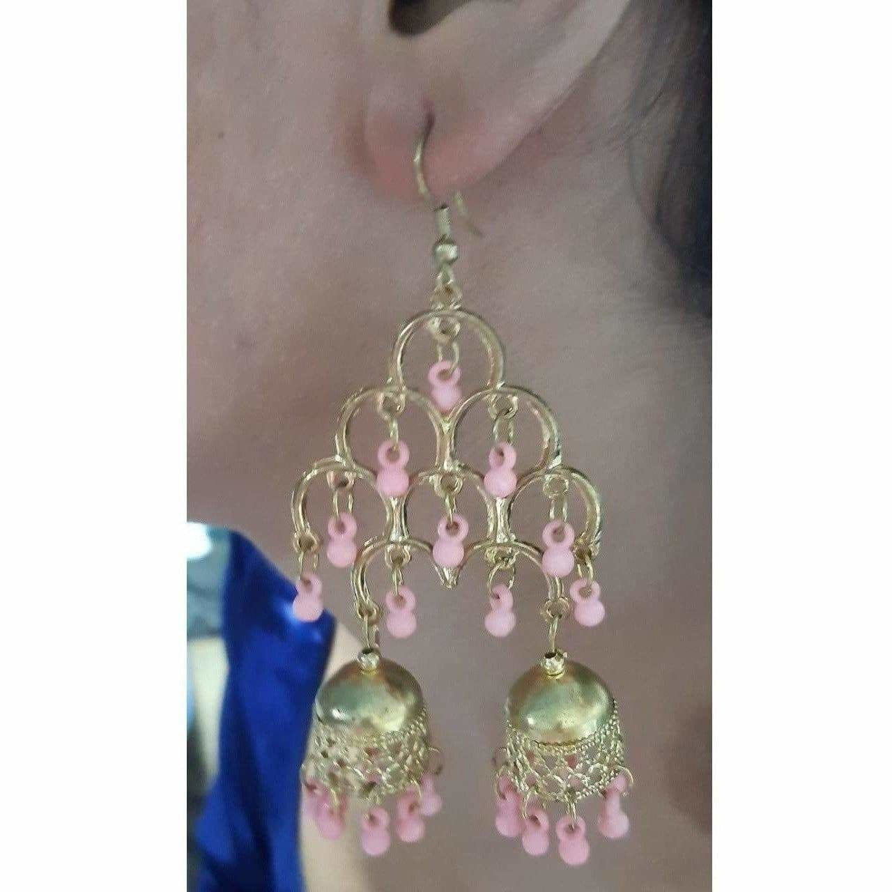 Gold Plated Fashion Traditional Double Jhumka Long Light Pink Pearls Earrings