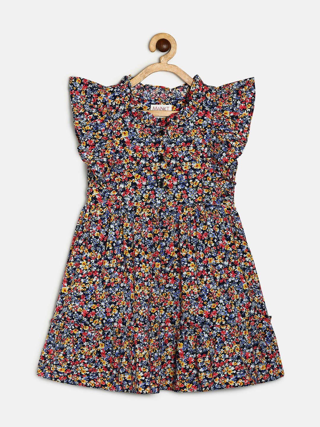 Manet Girls Cotton Frill Sleeve Frock Small Flower Print - Multicolour - Distacart