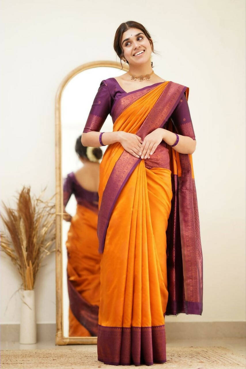 DEIANA'S Beautiful Golden Jari with New Design Soft Lichi Silk Saree - Yellow - Distacart