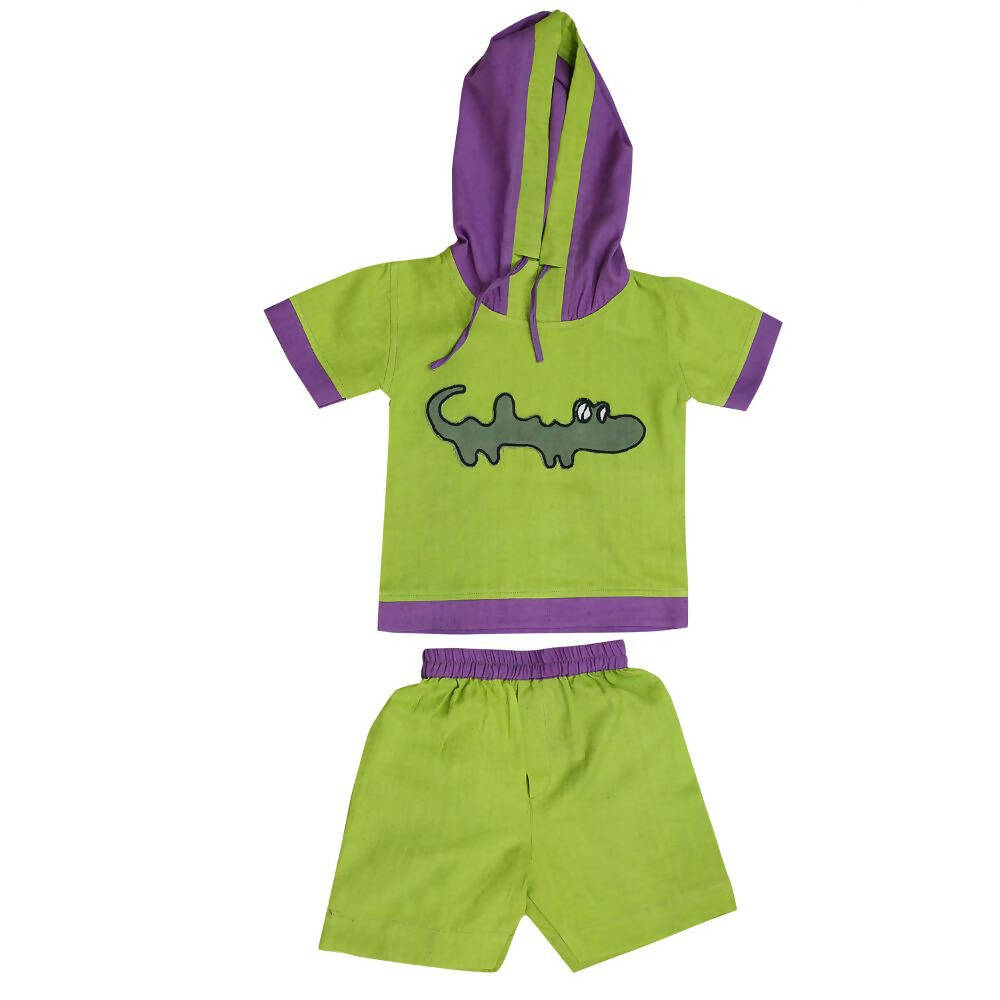 Mhyssa Croco Half sleeves Green and Purple Hoodie with Shorts Set For Kids - Distacart